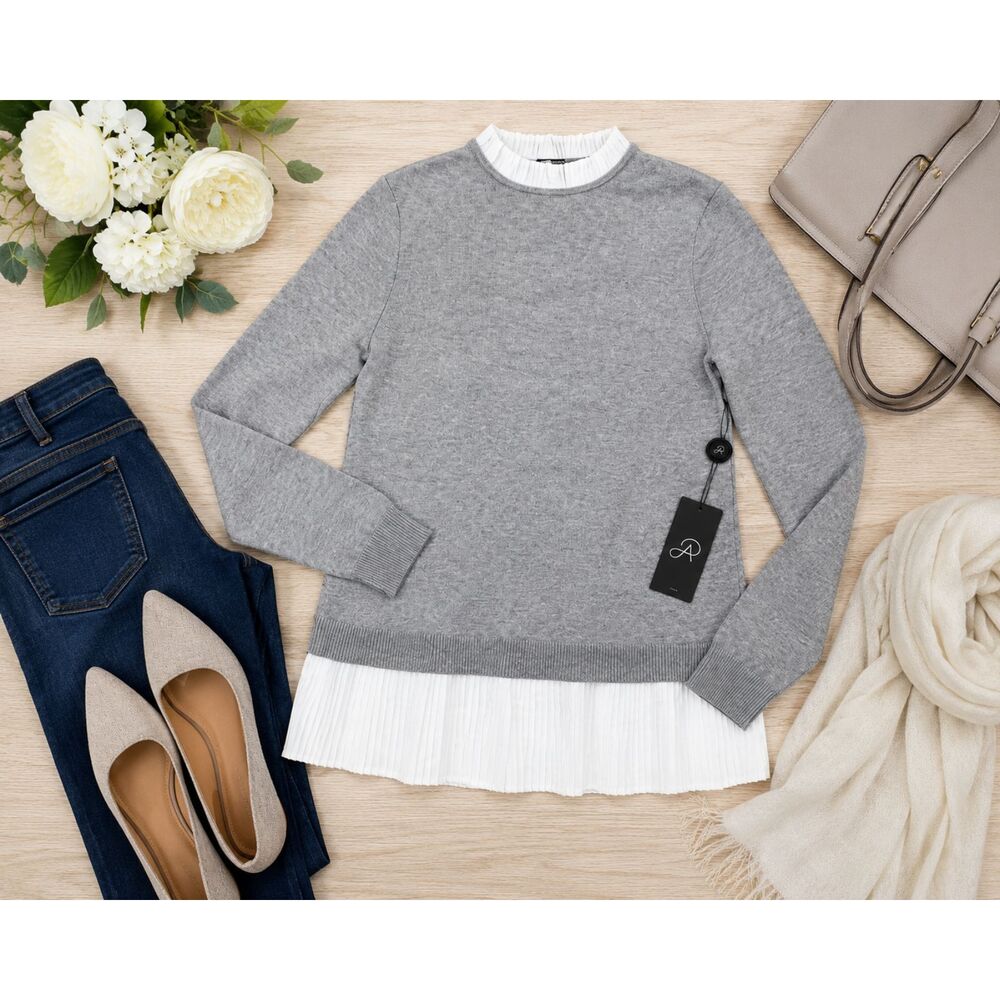 Adrianna Papell Layered Sweater Gray White Pleated Hem Women Medium